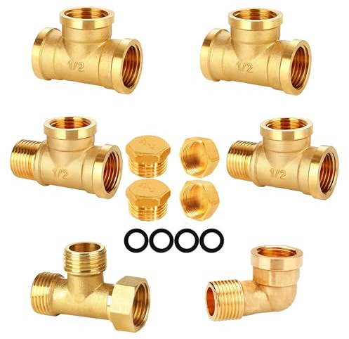 Mässing VVS-beslagssats G1/2 tum (Ø20 mm) kompressionskontakt set 10 st med O-ringar tätningar, inre yttre gängrörbeslag armbågar t-tröjor för dricksvatten badrum kök gör-det-själv installation