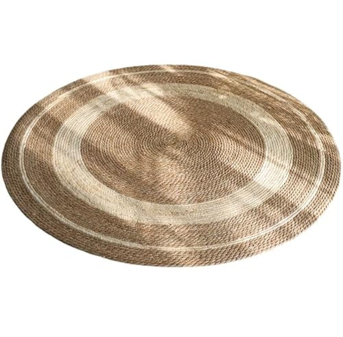 BOFIBO Round Carpet Round Rattan Area Rug Cat Scratching Mat Log Color Bedroom Bedside Floor Couch Rice Bay Window Japanese Straw(White)