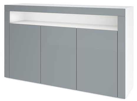 Vladon Sideboard Valencia, Kommode mit 3 Türen und 1 offenem Fach, Weiß matt/Grau Hochglanz (155 x 92 x 40 cm)