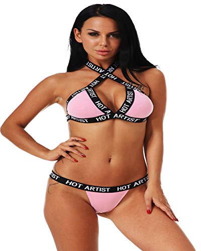 Womens Halter Sports Bra Set Hot Artist Print Elastic Band Bra+Pants Underwear Set RX003 (Medium (Fit for 34B-36C), Pink)