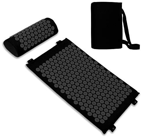 Belmalia Acupressure Set with Neck Cushion for Relaxation + Well-Being | Easy Transport Acupuncture Mat and Pillow Set | Massage Mat with Carrying Handles | Black