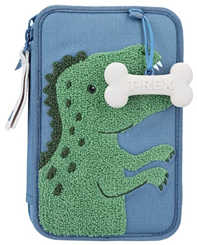 Depesche 12307 World Mini-Gefüllte 2-Fach Federtasche in Blau, mit Dino-Motiv aus Frotteestoff und Knochen-Anhänger, Federmäppchen mit Buntstiften, Lineal, Schere UVM