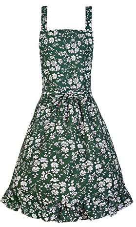 Pinknoke Vintage Pinafore Apron Dress for Women with Pockets Cute Floral Chef Aprons for Kitchen Cooking Baking Gardening (Green)