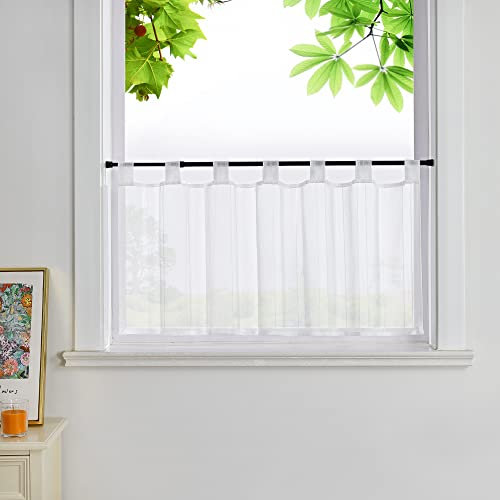 HeichkelL Leinenoptik Scheibengardine Transparent Bistrogardine Unifarbene Kurzstores mit Längsstreifen Landhaus Küchengardinen Weiß mit Schlaufen HöhexBreite 60x120cm