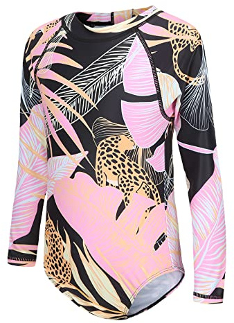 Aisyee Maillot de Bain Fille Manches Longues Rashguard Maillot de Bain Enfant Fille Une Piece Anti UV 9 10 Ans
