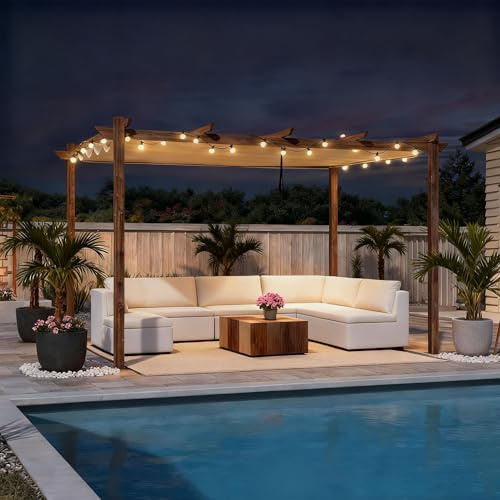 PURPLE LEAF 10' x 13' Outdoor Retractable Pergola with Sun Shade Canopy Patio Metal Shelter for Garden Porch Pavilion Natural Wood Grain Frame Modern Yard Grill Pergola with 24 LED String Lights Khaki