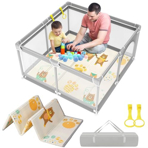 YUMBOT Laufgitter Baby mit Matratze 120x120cm Laufstall,Laufgitter Baby Atmungsaktivem Netz an Vier Seiten,mit 4 Rutschfeste Saugnäpfen Laufstall Faltbar mit Schaum Matte,Reißverschlusstür