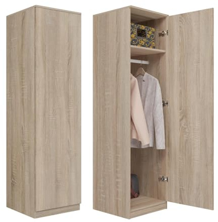 WHATSIZE ENTERPRISE – SD 50 - Sonoma Single Push-open Wardrobe – Wooden Storage Cupboard with Folding & Hanging Space - Organise Clothing, Coats & Towels - Modern Décor