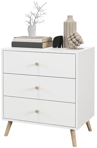 HOMCOM Commode 3 tiroirs Bois Massif de pin Design scandinave Meuble de Rangement Chambre Blanc poignée piètement effilé