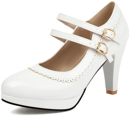Bviennic Mujer Tacón Embudo Mary Jane Almond Toe Tacón Alto Zapatos Hebilla con Plataforma Moda Daily Zapatos K73369Ix Blanco Talla 39 EU/40Cn