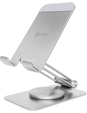 Prio® Aluminium Handy Ständer | 360° drehbar, verstellbar & klappbar | Stabiler Tischständer für Smartphone & Tablet | Silber