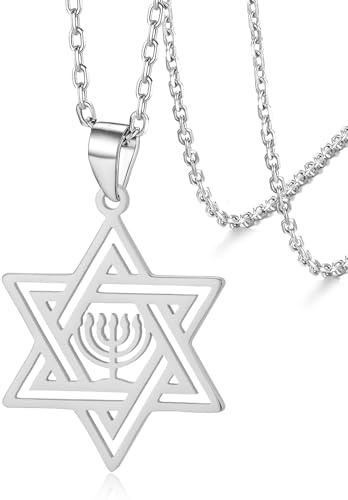 VASSAGO Collier étoile de David pour femme étoile juive avec Menorah collier en acier inoxydable Hanoukka pendentif collier pour hommes Israël bijoux religieux (Collier en argent)