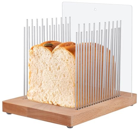 Luqixcey Bread Slicer, Stainless Steel Bread Slicers for Homemade Bread, Foldable Wooden Bread Slicer Guide with Adjustable Width, Bread Loaf Cutter for Homemade Bread, Sourdough Rounds, Bagels