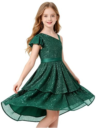 LOLANTA Niñas Lentejuelas Vestido Elegante Princesa Vestido de Fiesta Espumosos Sin Mangas Hombro Correa Vestidos, Verde, 10-11 años, 150