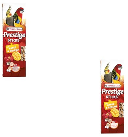 Versele-Laga Prestige Sticks Periquitos Grandes con Mango y Escaramujo | Paquete Doble | 2 x 140 g | Snack para periquitos grandes | Sin azúcares añadidos ni conservantes sintéticos