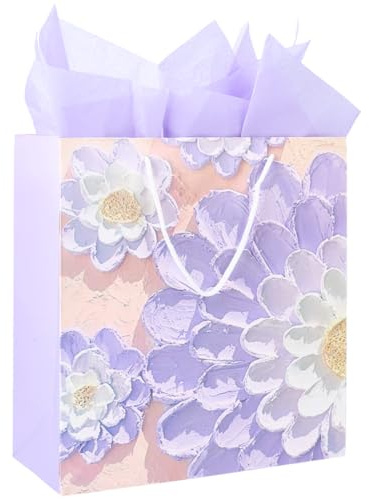SOFPLATE Sacchetti Regalo Floreali Viola Da 12 x 13 pollice Sacchetti per Bomboniere con Manico In Corda Grandi Rettangoli In Tessuto Carta Da Regalo Stampata Lilla per Donne Regali Fai Da Te per Bomb