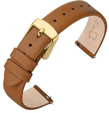 ANNEFIT Watch Bands for Men Women, Top Grain Leather Watch Strap with Quick Release, Band Width 16mm with Gold Buckle (Brown)