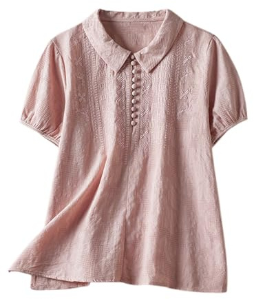 Chemise Lin Femme Col Claudine- T-Shirts à Manches Courtes Jacquard Blouse Chic Et élégant Broderie Tunique Grande Taille Pas Cher Léger Et Respirant Haut Tendance Quotidien Confortable Top