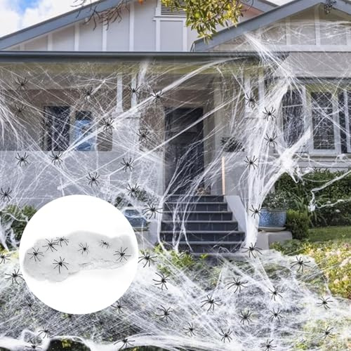 Tadpolez Halloween Party Outdoor bianco estensibile ragnatela spaventosa decorazione 200g Bianca con 60 Ragni Neri Finti Horror per Interni Esterni, Giardino Casa Infestata e Feste di Halloween