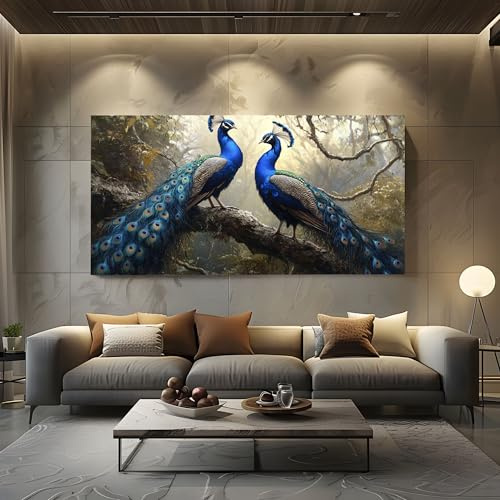 ZORYAN Tableau sur Toile Peinture à l'huile Paon Grand Format XXL Decoration Murale Animal Oiseau Bois pour Salon Chambre Vintage Plume Art Mural Moderne 80x160 cm