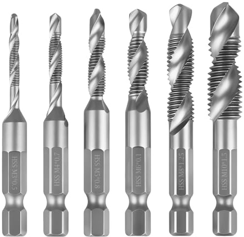 Coffret de 6 Forets et Tarauds Combinés, M3, M4, M5, M6, M8, M10, Avec Queue Hexagonale de 6 mm,Capable de Percer et de Tarauder, Outil Polyvalent, Avec Revêtement Argenté Antirouille