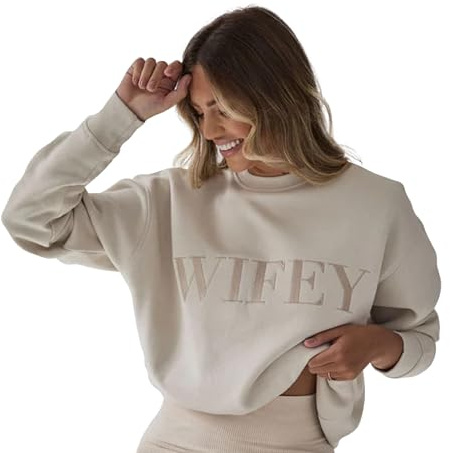 Six Stories | Oversized Wifey Statement Sweatshirt for Newlywed Bride | Soft & Cozy Embroidered Champagne Crewneck Sweater | Perfect Wedding, Anniversary, Birthday & Honeymoon Gift