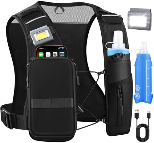 Chaleco de Running para Mujer y Hombre con Botella de 500 ml, Chaleco de hidratación Ligero para Correr con Linterna y Soporte para el móvil, Mochila de Running
