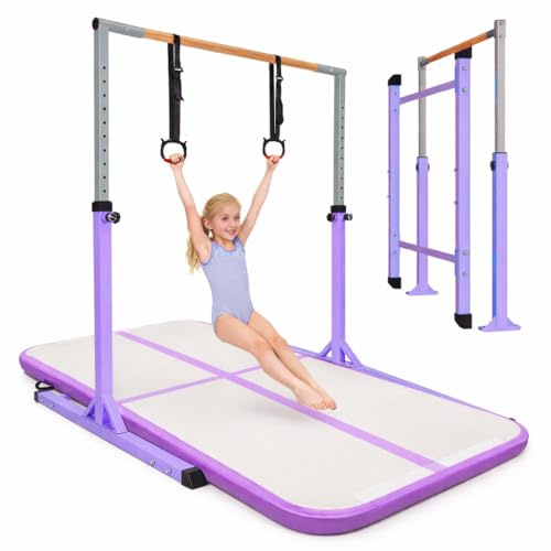 BREEZENEST Adjustable Gymnastics Bar for Kids, 13-Level Height Gym Bars (100-158cm) with Rings - Steel Frame & Beechwood Bar for Home Training, Indoor Outdoor Use (Purple + Cushion&Without pump)
