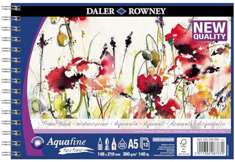 Daler-Rowney Aquafine Textured Cold-Pressed Watercolour & Gouache 300gsm A5 Paper Spiral Travelbook, Natural White, 12 Sheets, For Professional & Beginner Artists & Students, Acid-Free