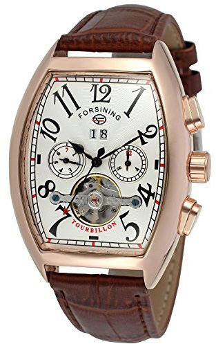 Forsining Orologio da uomo automatico a carica automatica, rettangolare, con calendario e cinturino in vera pelle, con tourbillon, Bianco e marrone., A carica automatica