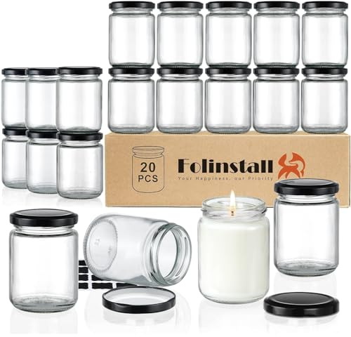 Folinstall 8 oz Small Glass Jars with Airtight Lids, 20 Pcs Empty Candle Jars for Candle Making, Glass Food Storage Jars for Spices, Honey, Jam, Candy, Cookies, Pudding, Yogurt, Dessert