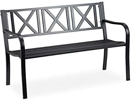Relaxdays Gartenbank, 2 Sitzer, Terrasse, Balkon, Stahl, stabile Garten Sitzbank, HxBxT: 80,5 x 127 x 63 cm, schwarz