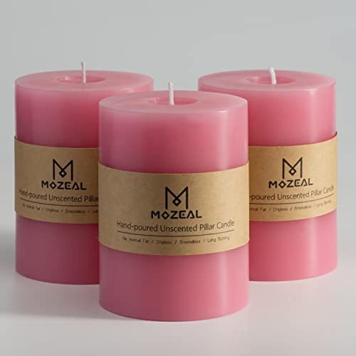 MOZEAL 3 x 4 Hand-Poured Unscented Candle,Dripless Pillar Candle Set of 3,Long Clean Burning,Approx 72 Hours Burn Time,Rustic Country Style,Wedding,Dinner,Christmas and Home Decor,Pink