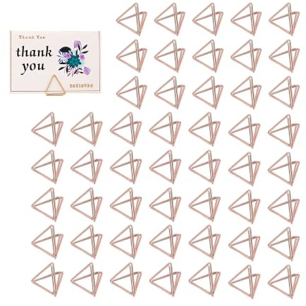 VBNZBK Lot de 50 petits supports triangulaires en métal finition or rose, porte-cartes pour numéros de table, menus et cartes de visite, décoration mariage et bureau