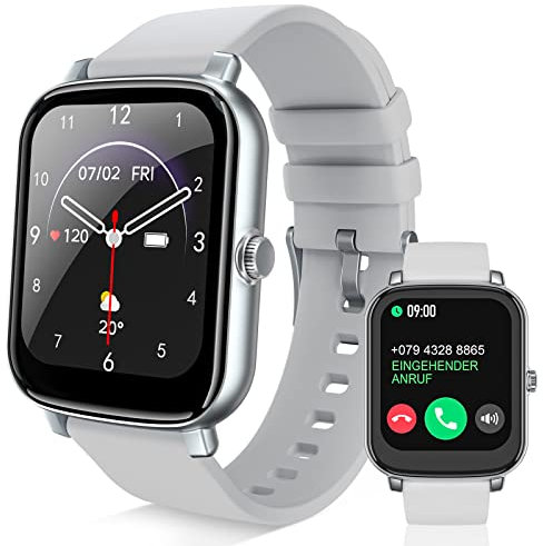 Smartwatch mit Telefonfunktion Funktion,1.7 Touchscreen Schrittzähler Uhr Herren Damen, Fitness Tracker Sportuhr, Schlafmonitor Nachricht Erinnerung, Geburtstag Weihnachten Geschenk, Watch Silber