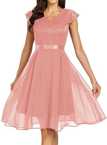 Generisch Robe d'hiver pour femme à manches courtes pour femme - Robe de mariée pour le mariage - Robe de soirée formelle mi-longue en dentelle - Robe élégante en mousseline de soie pour femme, Rose,