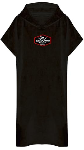 Surf Monkey Poncho Toalla Surf con Capucha y Bolsillo Interior - Algodón Orgánico (Negro, S/M)