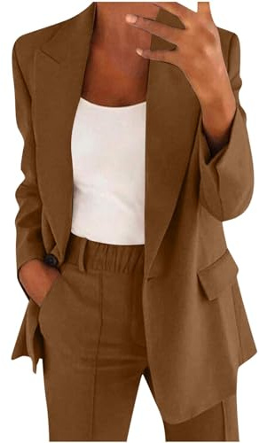 Women's Trouser Suits Wedding Suits 2 Piece Outfits Set Long Sleeve Button Blazer with High Waist Pants Business Work Office Wear Coffee