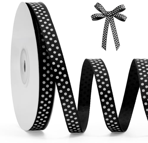 FAKILO Cinta de Grosgrán con Lunares 10mm x 22m, Negro y Blanco para Manualidades, Lazos para el Pelo, Regalos, Bodas y Decoración Navideña