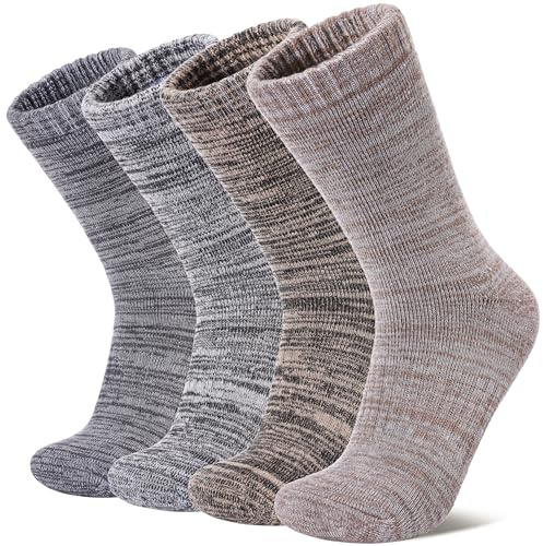 LANLEO Merino Wool Hiking Socks for Women Men Thermal Extra Thick Winter Warm Comfy Cushioning Crew Boot Socks 4 Pairs Coffee/Khaki/Dark Grey/Light Grey,Large
