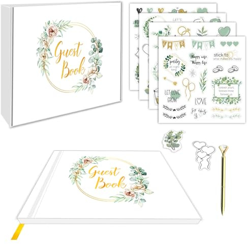 Wisnewth Libro de Visitantes para Bodas y Fiestas - Cubierta Verde con Plantas y Foil Dorado, Incluye Bolígrafo y Stickers, para Boda, Cumpleaños, Aniversario y Despedida de Soltera