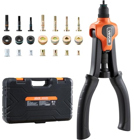 VEVOR Nietmutternzange Set 34 cm, Zweihändige Nietzange mit 7 Dornen & 70 Muttern in metrischen und SAE-Größen (M6, M8, M10, 10-24, 1/4-20, 5/16-18, 3/8-16 UNC) inkl. Tragetasche, für Heim Auto