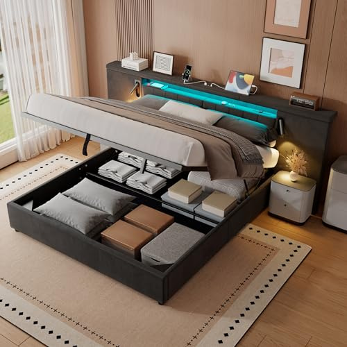 Mdytt Bett 180x200 cm Polsterbett, Doppelbett mit LED Breites Kopfteil, USB und Leselampe, Bett mit Stauraum, Hydraulisches Stauraumbett Bettgestell mit Lattenrost, Ohne Matratze, Samt Grau