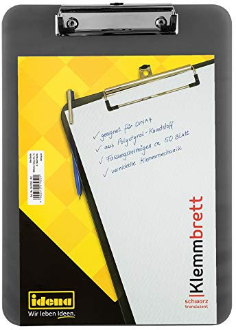 Idena 507052 - Klemmbrett für DIN A4 vernickelte Klemmmechanik, transluzent, schwarz