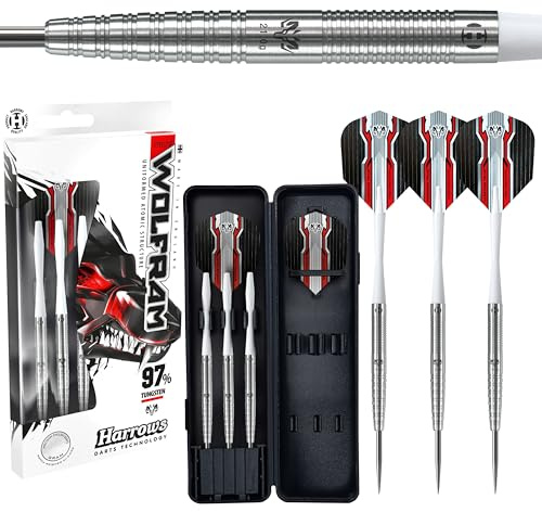 Harrows Wolfram 97% Tungsten Steel Tip Darts Set 21g, 22g, 23g, 24, 25g & 26g - This Tungsten Darts Set Includes Speedline Shafts, Marathon - Wolfram Flights & Travel Case (25g)