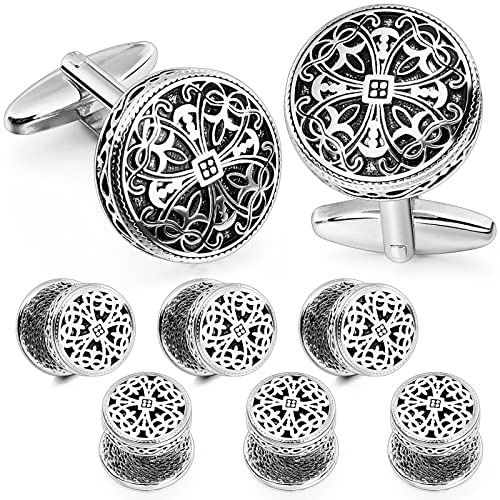 HAWSON Vintage Cufflinks and Tuxedo Shirt Studs for Men Retro Flower Pattern Cuff Links Best Wedding Business Gifts for Men with Box