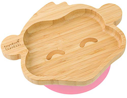 bamboo bamboo Plato De Bebé y Plato De Niño, Plato Con Succión Para Alimentación y Destete, Plato De Bambú Mono Con Succión Segura, Platos Con Succión Para Bebés Desde 6 Meses (Mono, Rosa)