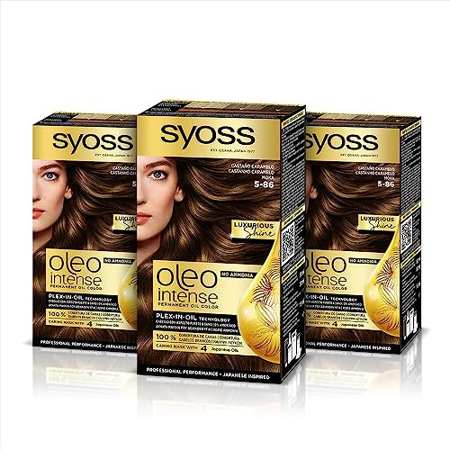 Syoss Oleo Intense - Tinte 5-86 Castaño Caramelo – Coloración permanente Sin Amoníaco – Cobertura profesional de canas – Resultados de peluquería (Pack De 3)
