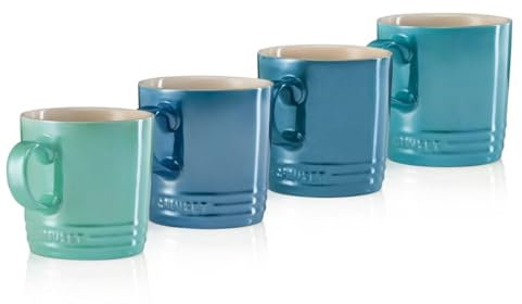 Le Creuset 4er-Set Becher aus Steinzeug, je 350 ml, Metallics Blau-Grün (Cool Mint/Karibik/Deep Teal/Marseille), 69113358139031