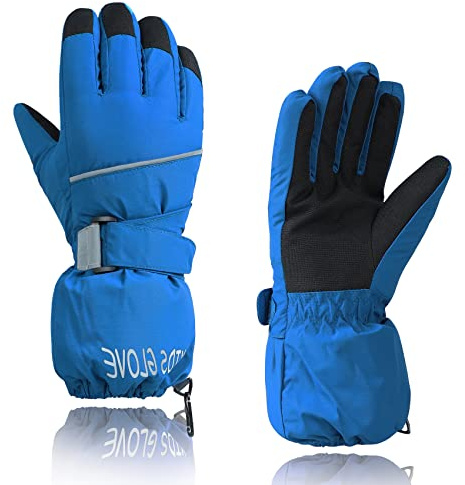 Durio Kinder Ski Handschuhe Winter Skihandschuhe Winddicht Wasserdicht Warm Handschuhe Junge Mädchen Outdoor Sports Schneehandschuhe Blau 4-6 Jahre